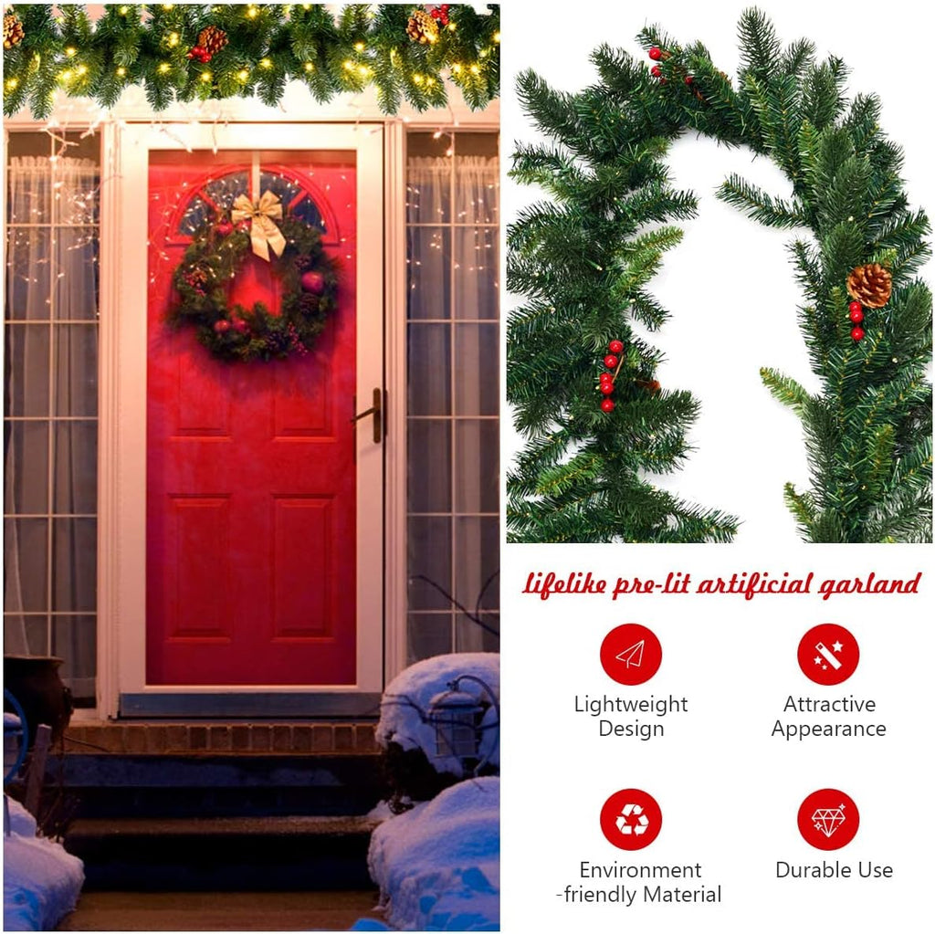 Prelit Artificial Pine Garland w/100 LED Lights, Pine Cones, Red Berries & Timer, Lighted Christmas Garland