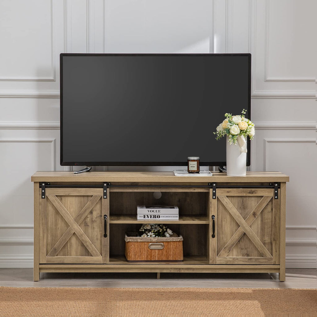 Farmhouse TV Stand with Sliding Barn Doors, Media Entertainment Center Console Table for TVs up to 65", 2-Tier Large