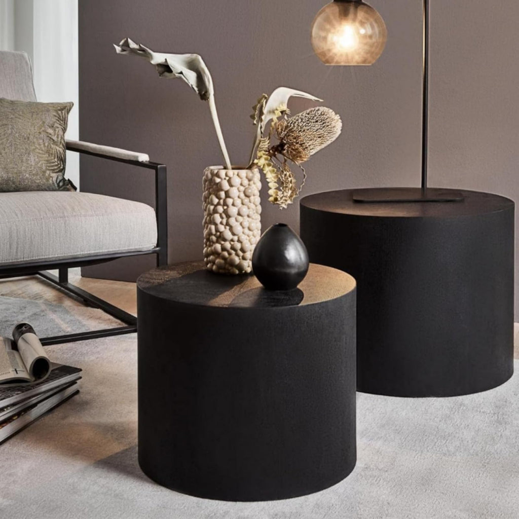 Nesting Coffee Set of 2, Wood Round Coffee, Modern Coffee for Small Space Living Room, Black