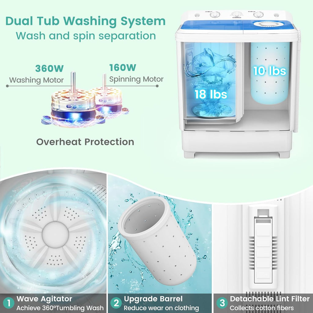 28 Lbs Portable Washing Machine, Portable Washer for Apartment with 18 Lbs Washer, 10 Lbs Spinner, Mini Compact Top