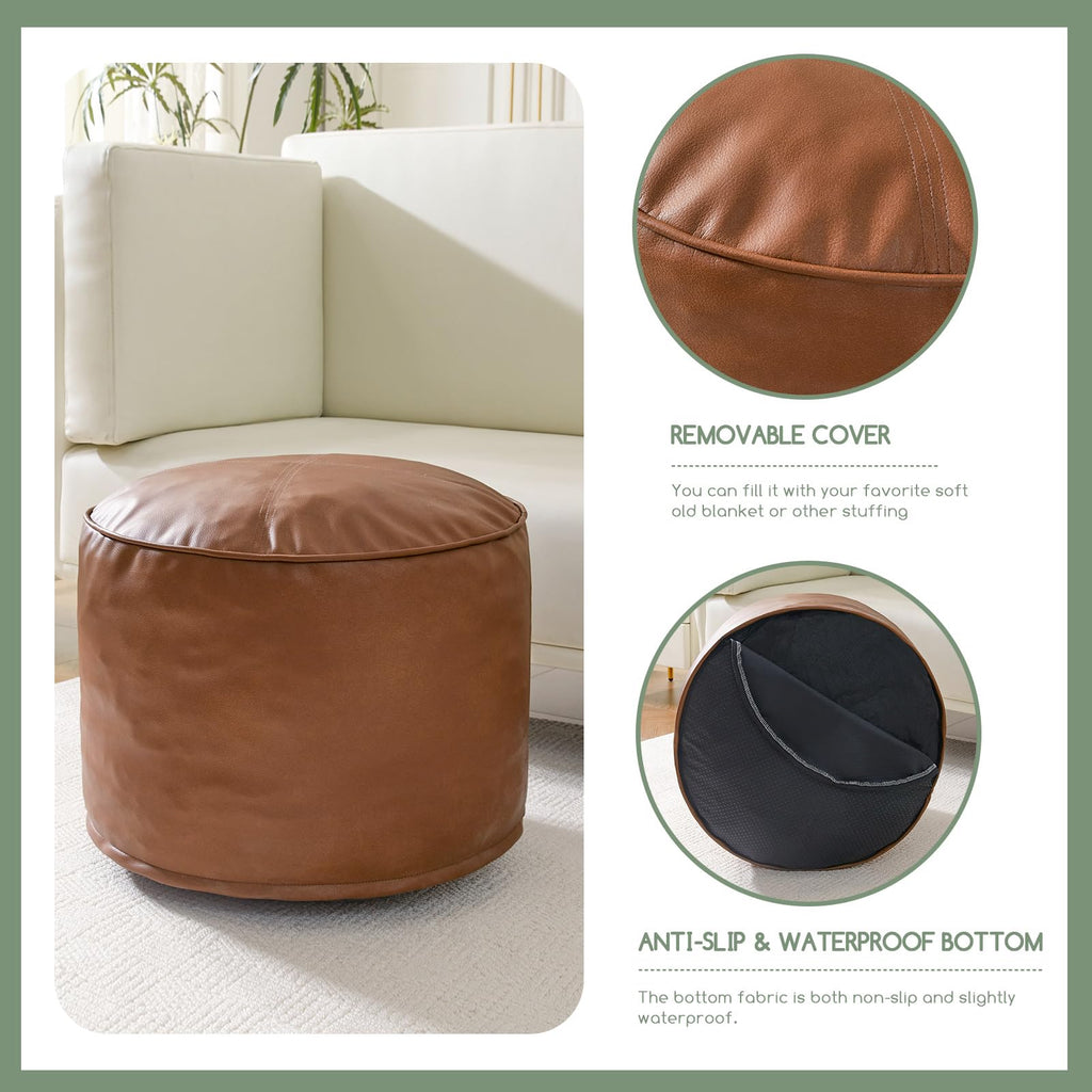 Round Stuffed Pouf Ottoman, Pu Leather Poufs with Foam Chunk Filling Foot Stool Storage Ottoman, 26 X 18 Floor Poufs