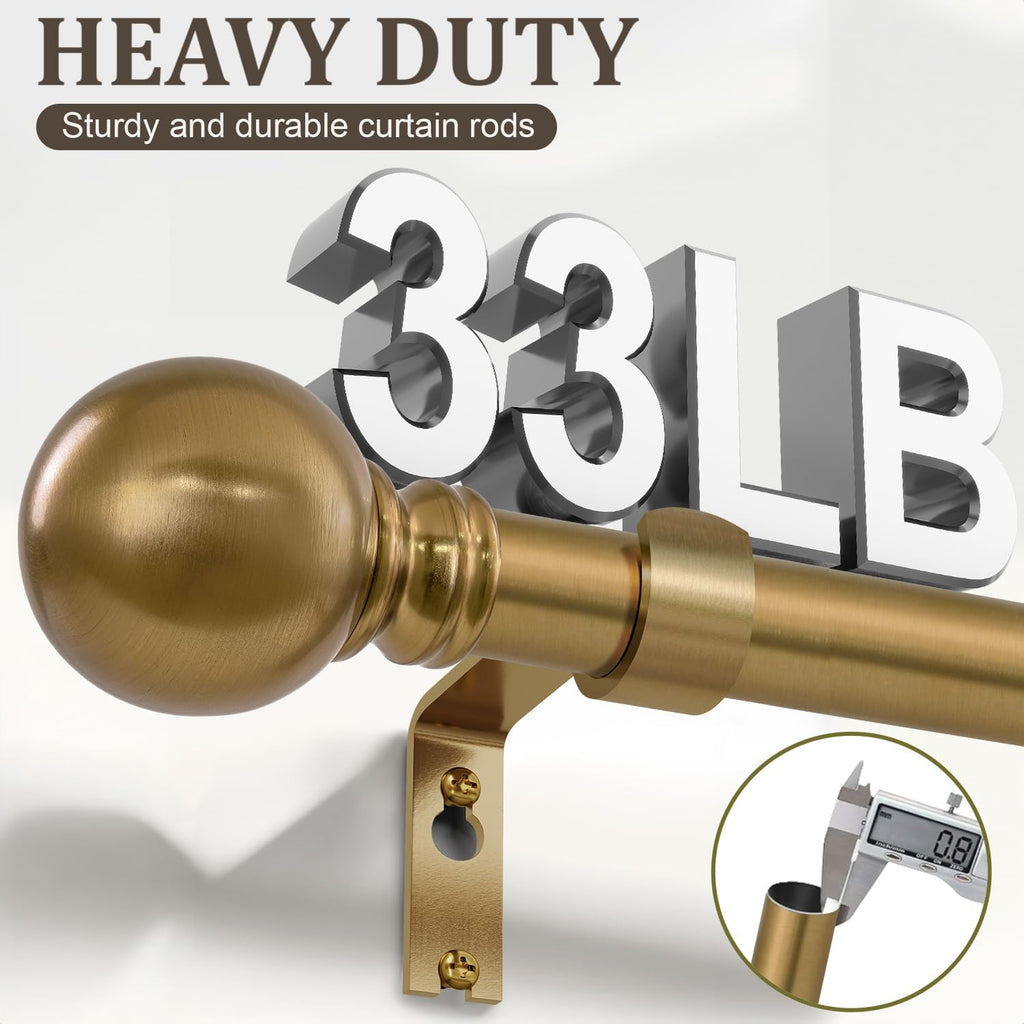 Warm Gold Curtain Rods for Windows Small 28 to 48 Inch 1" Diameter Short Adjustable Heavy Duty Antique Brass Metal
