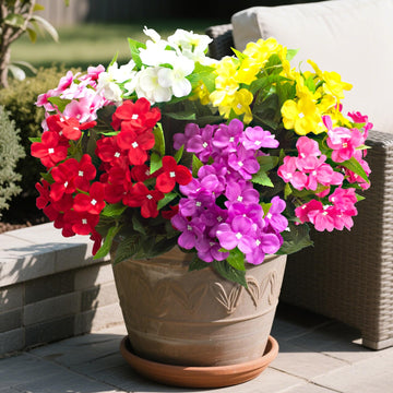 6PCS Artificial Impatiens Bouquet Flowers, Plastic Silk Faux Flowers for Outdoor Indoor Planters, Spring Colors