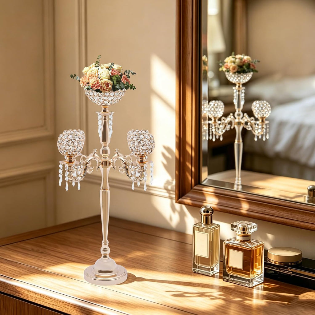 Gold Centerpieces for Table, 5 Arm Crystal Candelabra Holder with Pendant, 4 Candle Slots & 1 Flower Vase, Table