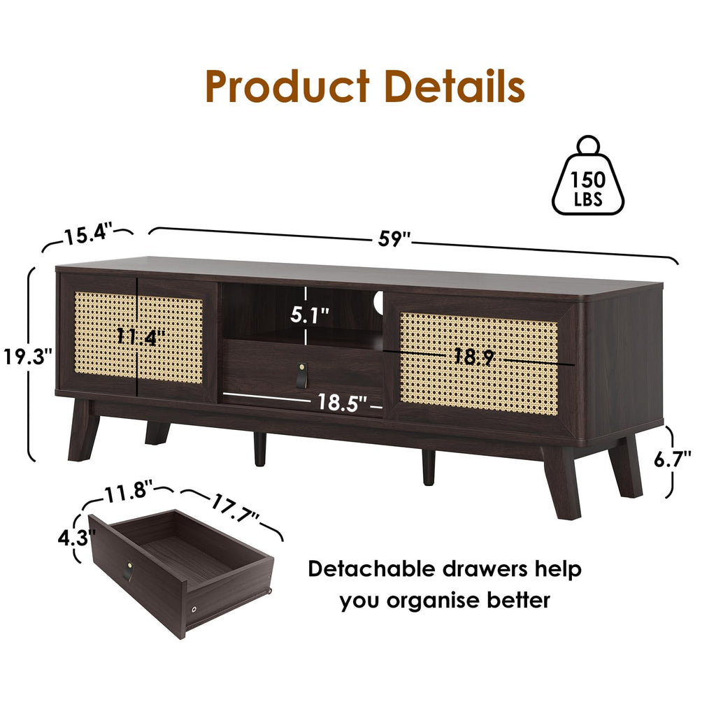 Rattan TV Stand for TVs, Wood TV Stand Mid Century Modern TV Stand TV Media Console with Drawer and 2 Cabinets, Boho