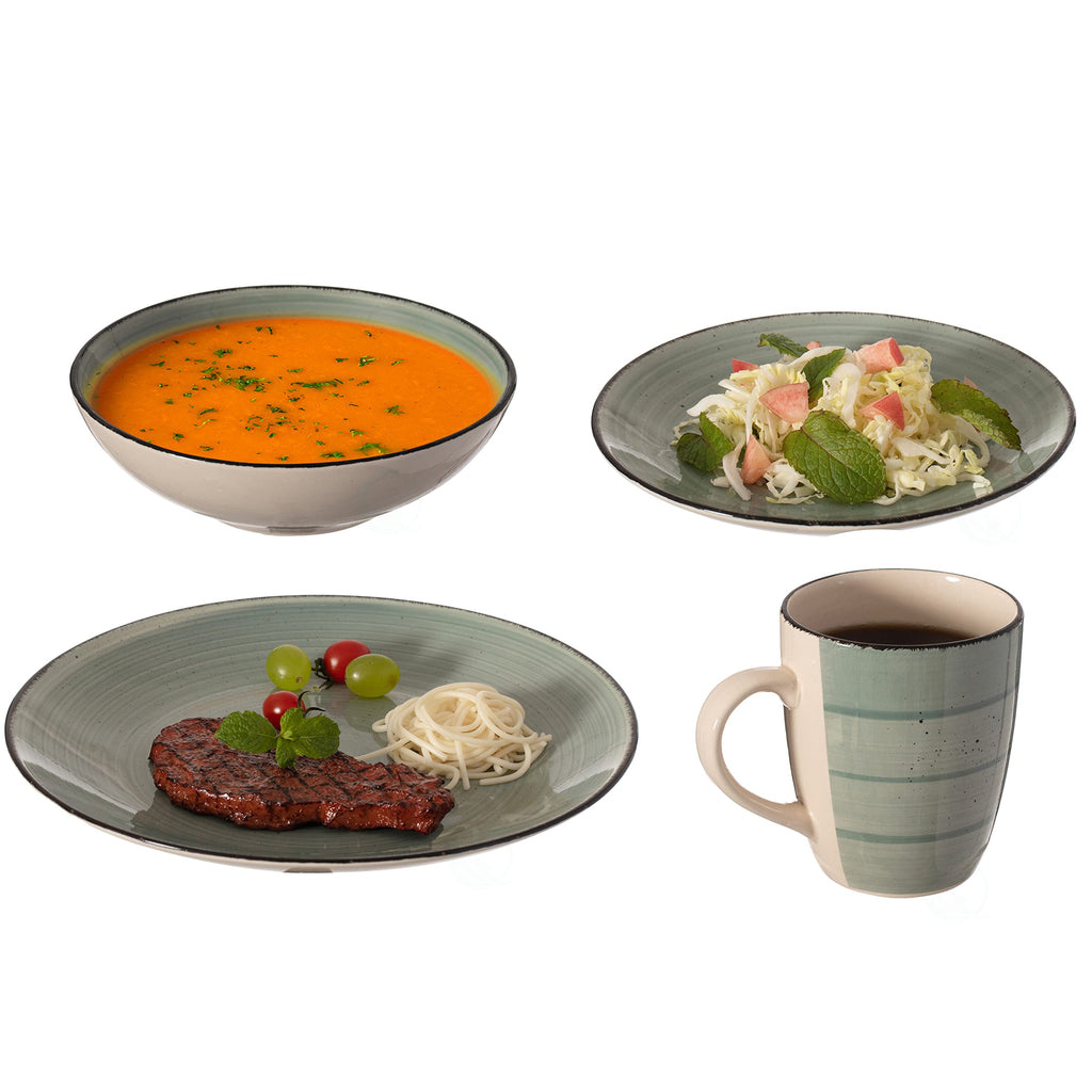 16 PC Spin Wash Dinnerware Dish Set for 4 Person | Mugs, Salad and Dinner Plates and Bowls Sets, Stylish Dishes with