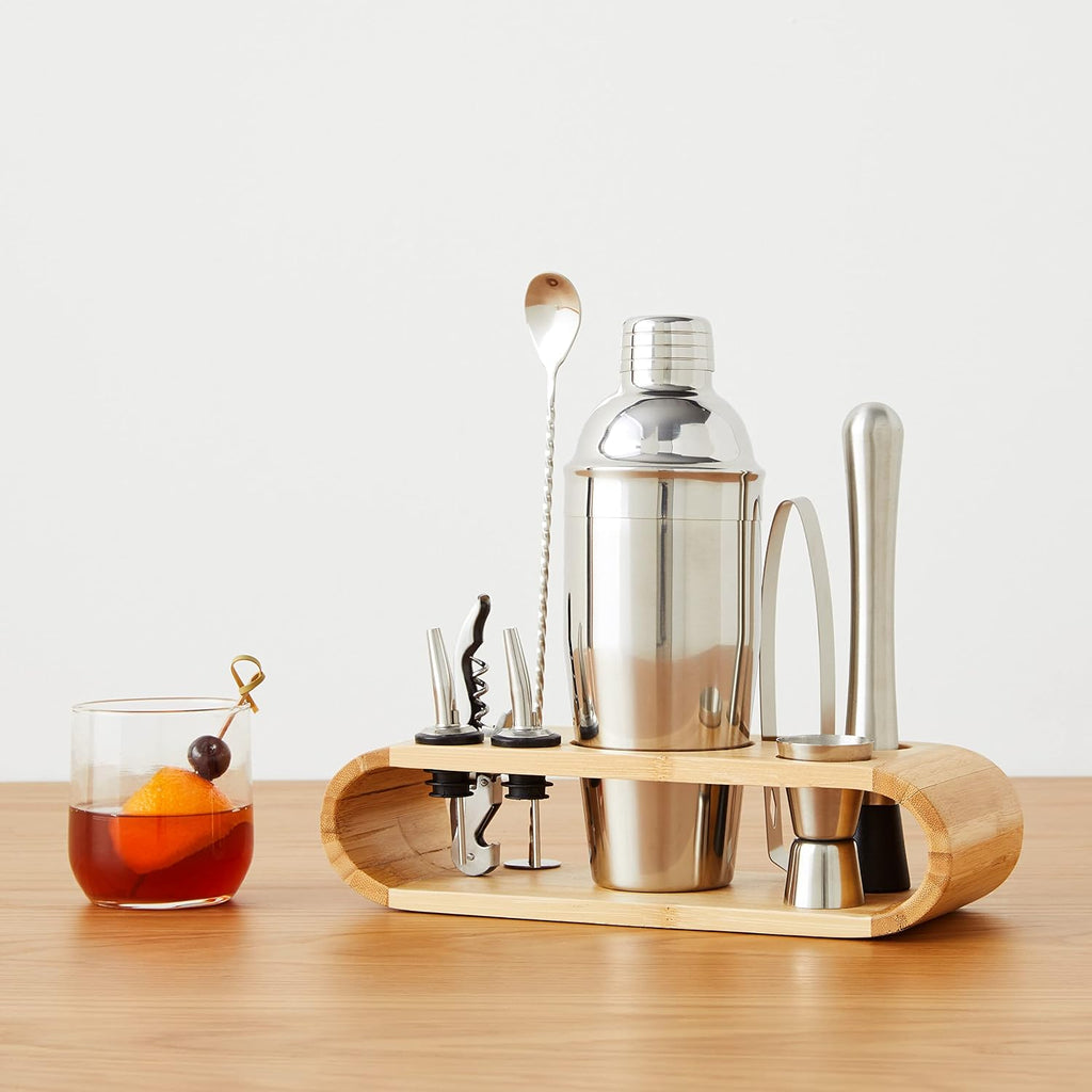 10-Piece Stainless Steel Cocktail Shaker Bar Tool Set with Bamboo Stand Holder, Home Bar Drink Mixing Accessories - Set of 10