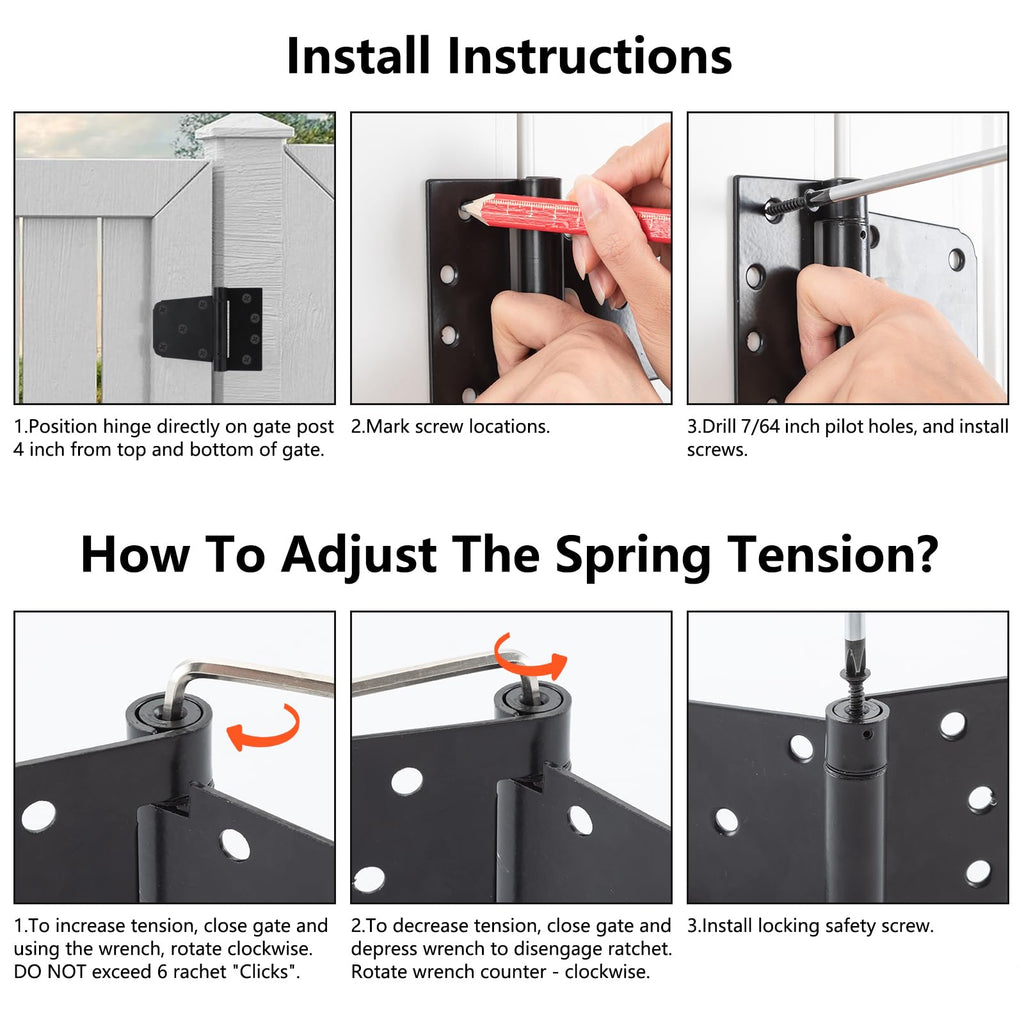 3-1/2 Inch Self Closing Gate Hinges, Spring T Hinges, Black, 2 Pack