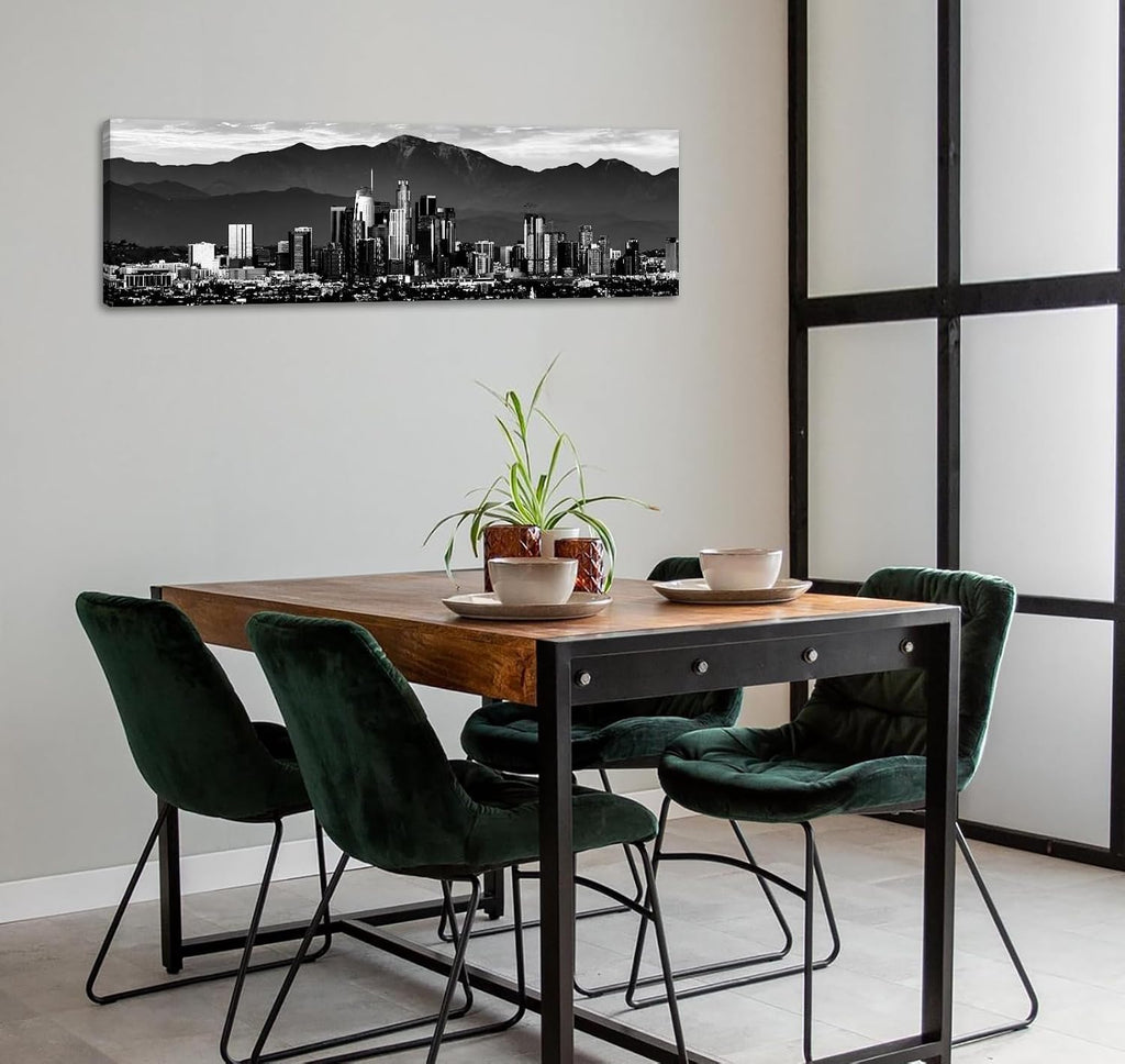 Los Angeles Skyline Canvas Wall Art, Large Black and White Cityscape Panorama Print, Modern Nightscape Painting