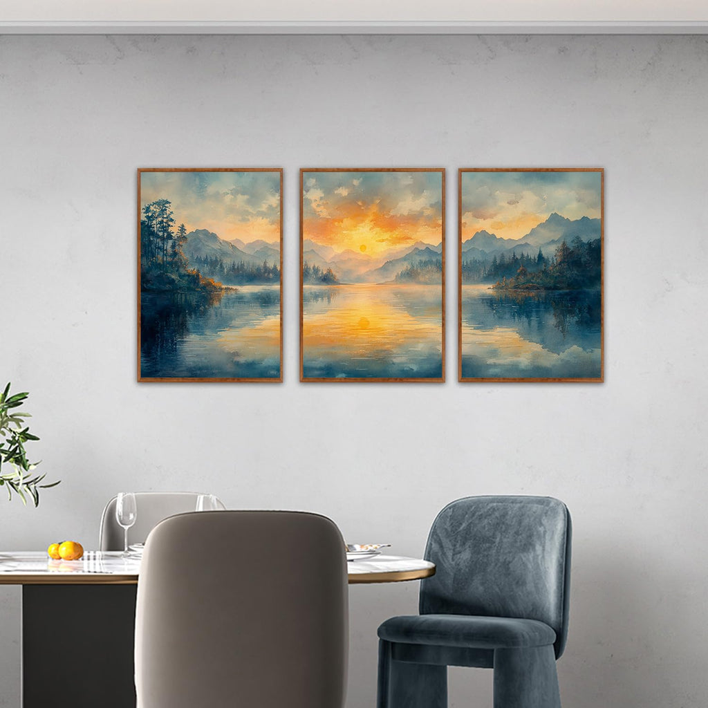 Mountain Lake Sunset Framed Wall Art Set of 3, 24x36 Landscape Decor