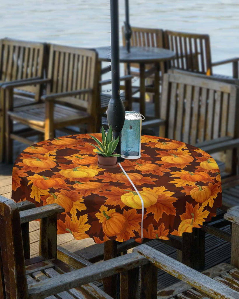 Thanksgiving Outdoor Tablecloths with Umbrella Hole and Zipper, Fall Pumpkin Maple Leaves Orange Yellow Brown