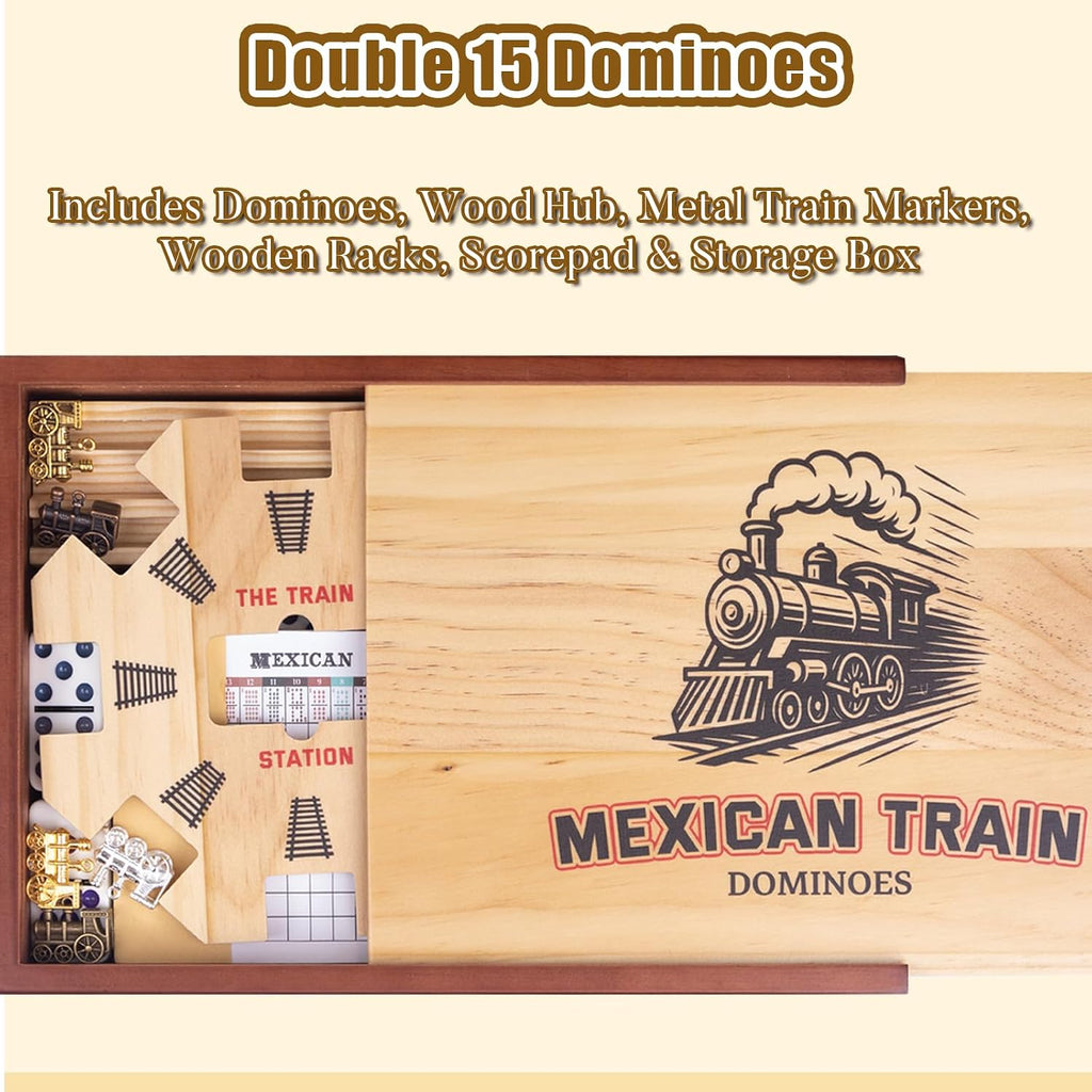 Double 15 Mexican Train Dominoes Set for Adults with 8 Wooden Trays, 8 Train Markers with Velvet Pouch, 136 Color Dot