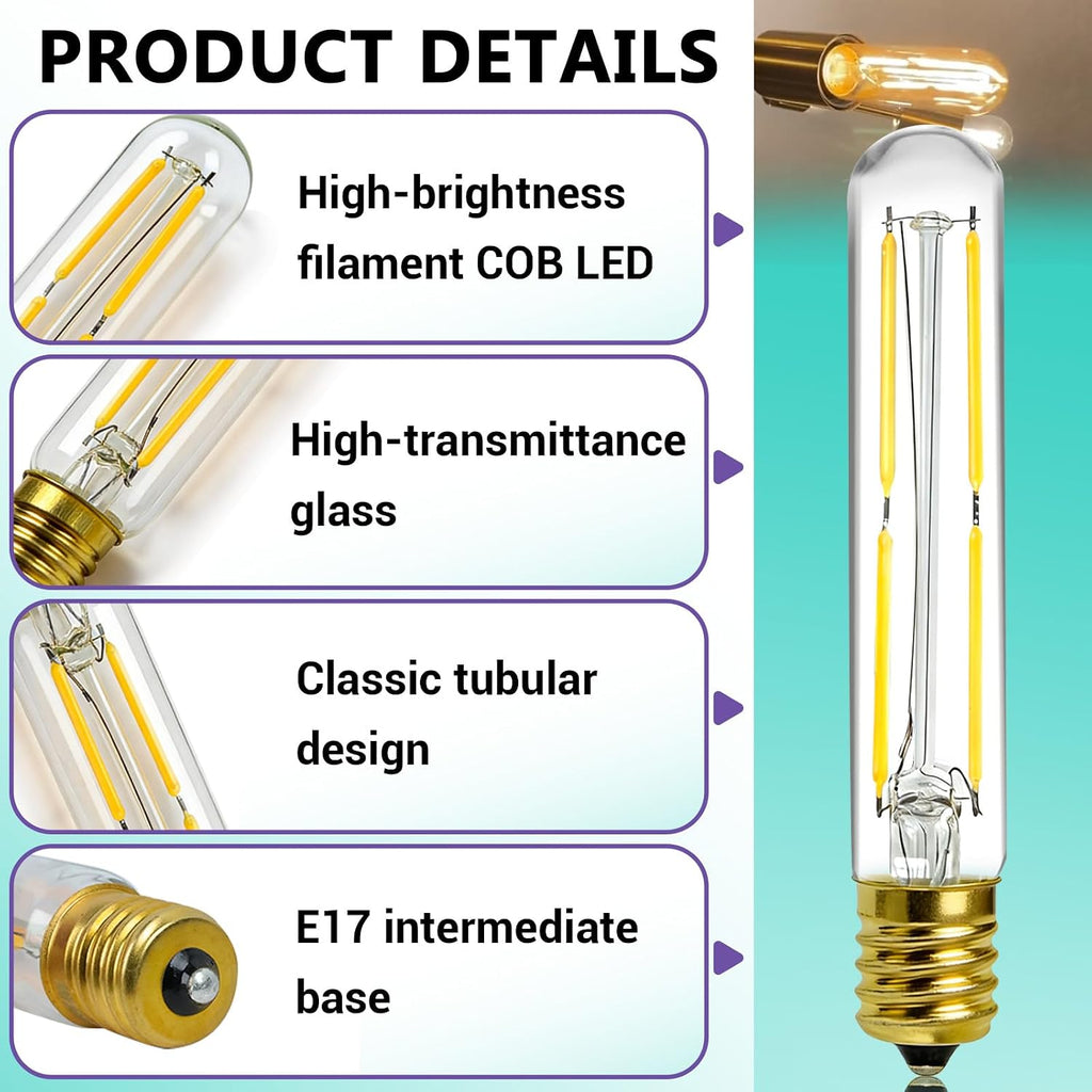 6 Pcs E17 T6.5 Dimmable 4W LED Tubular Filament Bulb for Exit Sign Light