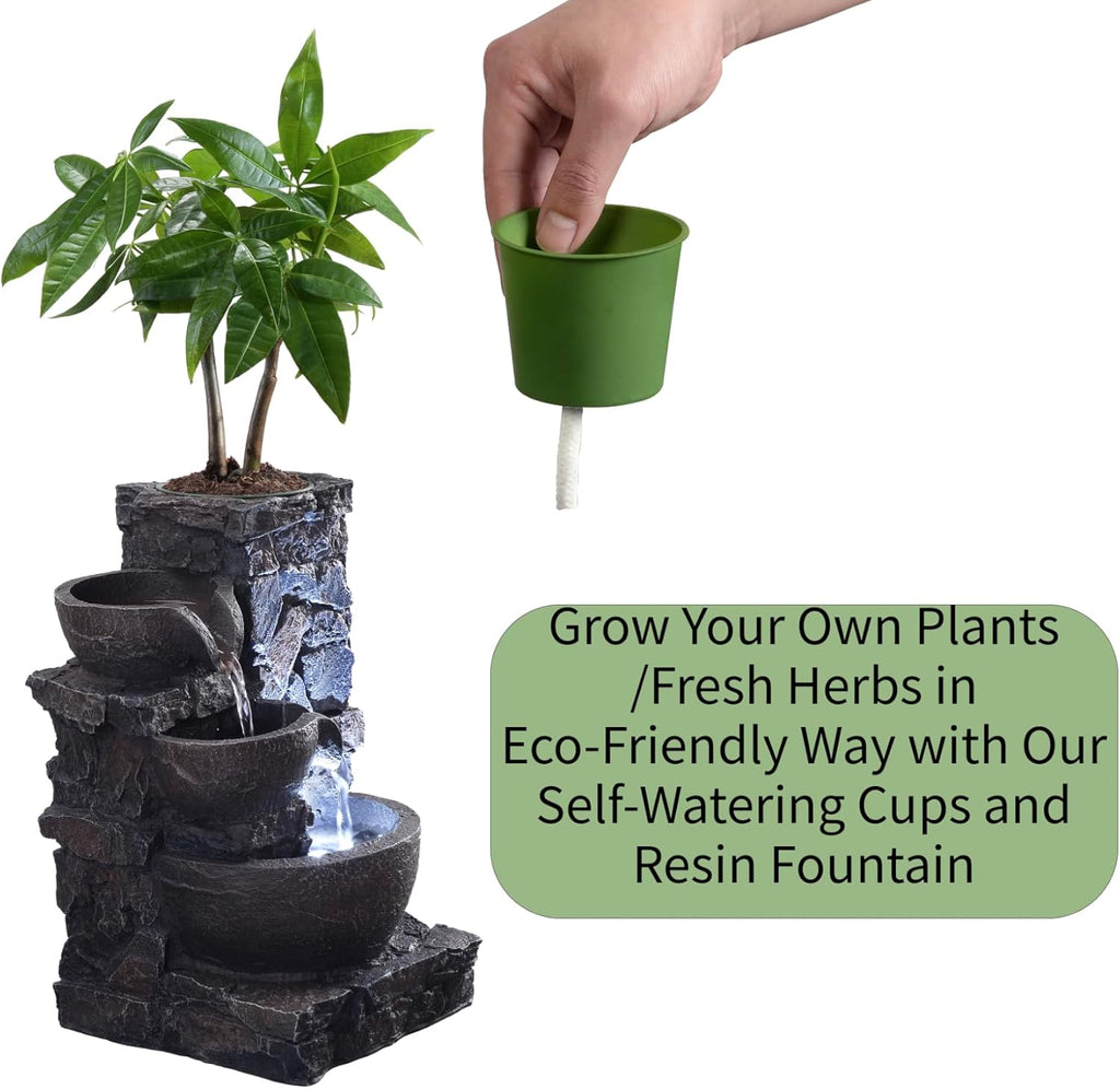 Indoor Tabletop Water Fountain with Planter Pot, Small Desk Waterfall with Cool LED Lights, Zen Decor, Calming