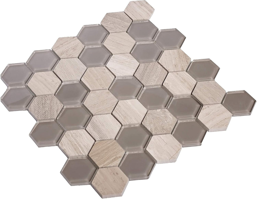 Hexagon Mosaic Glass & Marble Tile Grey 11.8x12 Polished 4.92 sq ft 5-Pack | Mesh-mounted natural stone. Kitchen