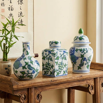 Porcelain Ginger Jar, Chinoiserie Vase Living Room Console Table Accent, Shelf and Tabletop Decor, Green - Set of 3