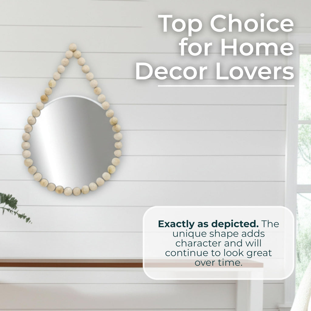 White Decorative Mirror with Beaded Wood Frame - MDF & Glass Home Decor Mirrors for Wall Accent & Styling - Modern