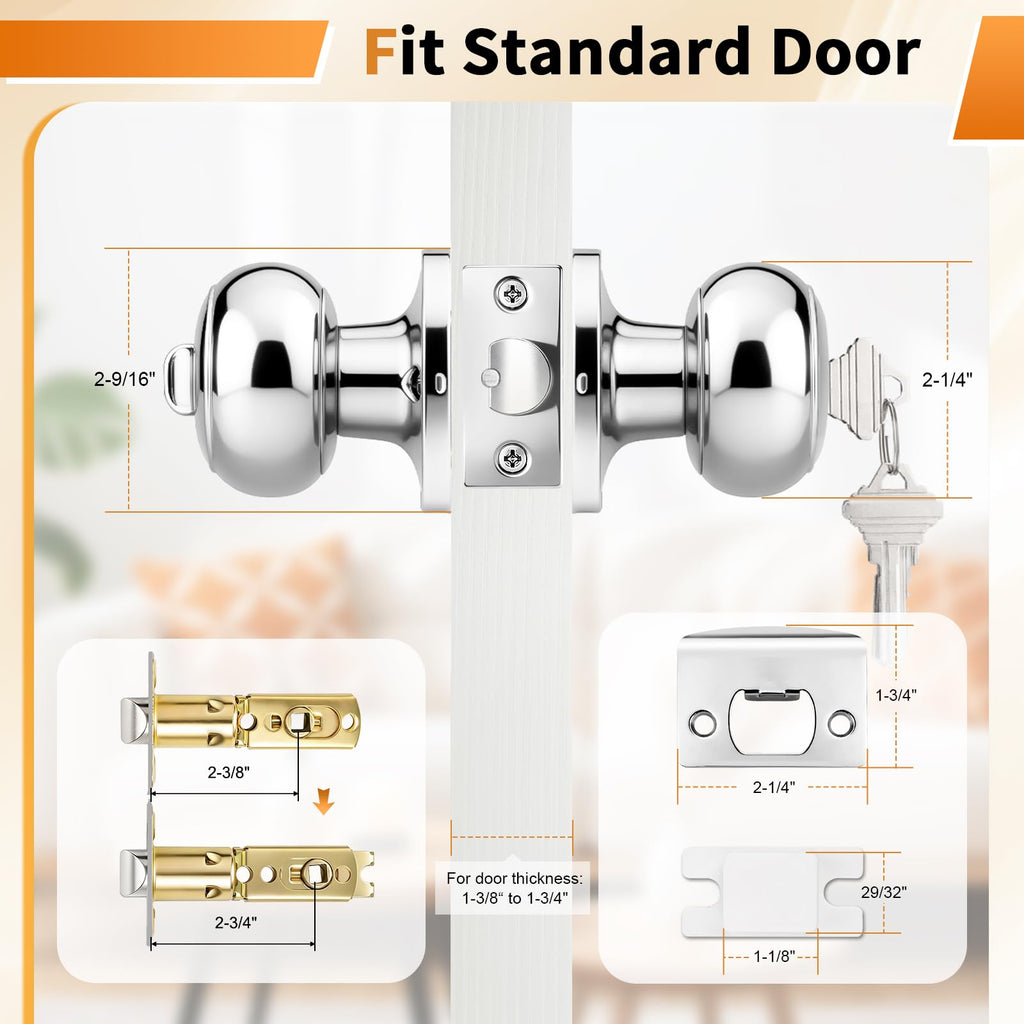 Door Knobs Polished Chrome Finish, Exterior Interior Entry Door Lock with Same Key, 6 Pack Entrance Door Lock Set