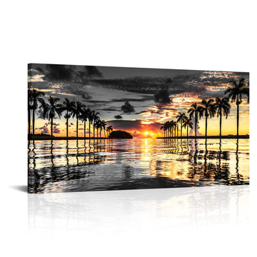 Miami Florida Sunrise Canvas Wall Palm Trees over Ocean Seascape Print Coastal Picture Artwork for Modern Home Living