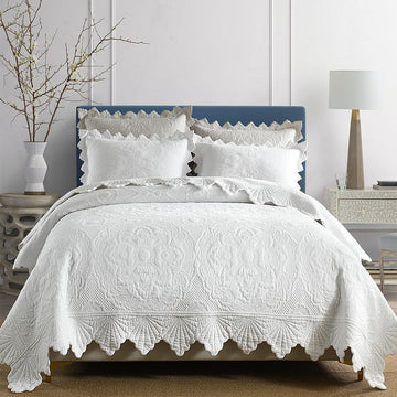 Cotton Quilt Bedding Set Reversible Lightweight Coverlet for All Seasons, 3 Pieces Embossed Floral Solid White