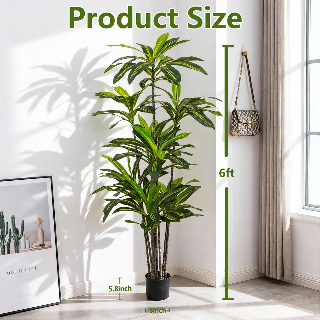 Artificial Dracaena Tree 6FT - Fake Tree with Black Planter - Faux Yucca Tall Fake Floor Plant in Pot - Artificial