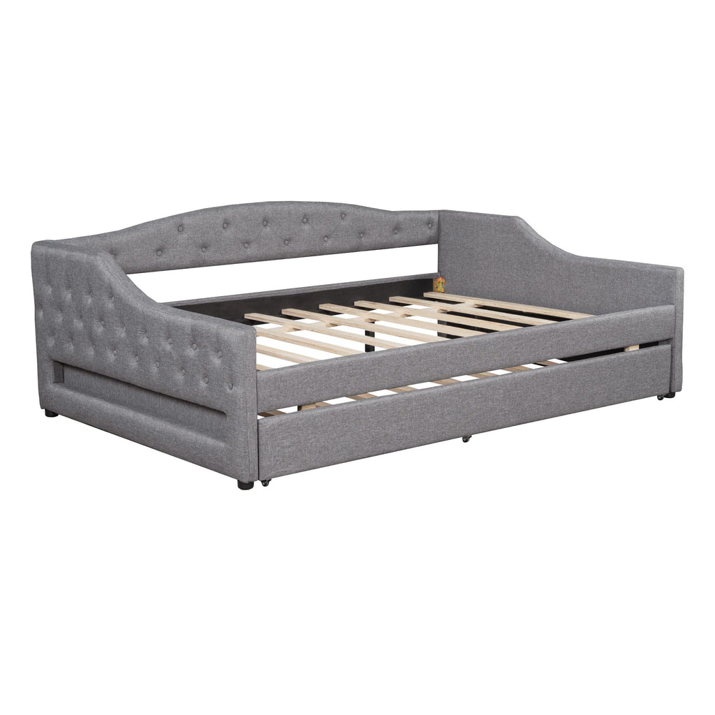 Full XL Upholstered Daybed with LED Lights, Corner Daybed Frame with Trundle, Linen, Gray