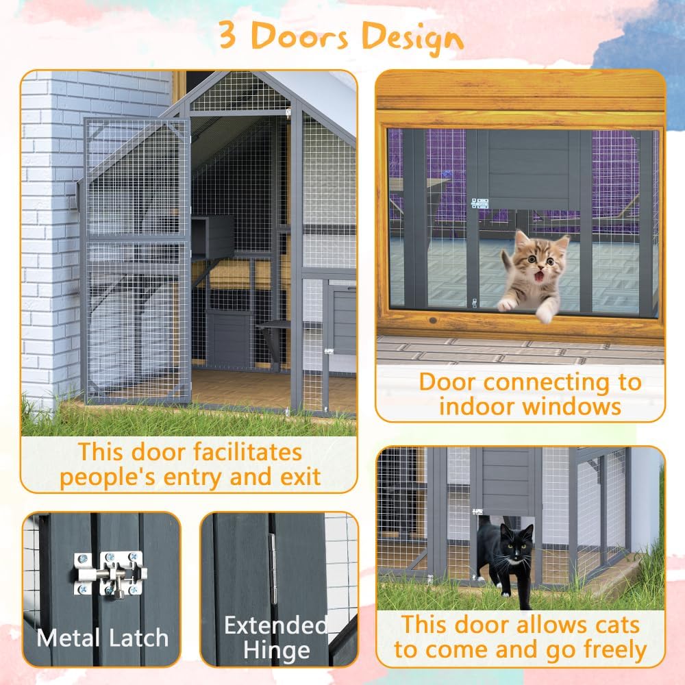 Large Outdoor Cat Enclosure with Wooden Frame, Suspension Bridges, Walking Paths, Cozy Resting Houses