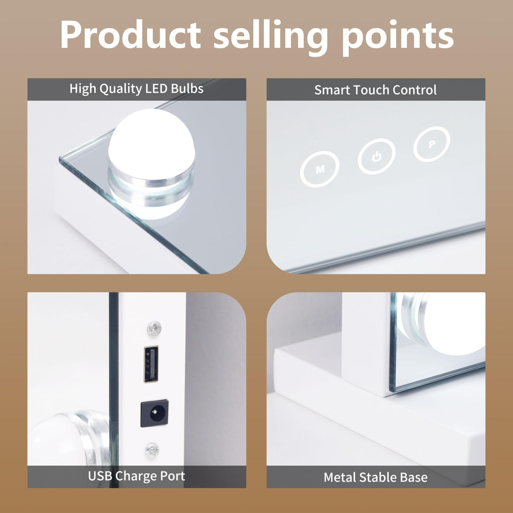Vanity Mirror with Lights Lighted Makeup Mirror with Dimmable LED Bulbs,3 Color Lighting Modes,USB Charging Port