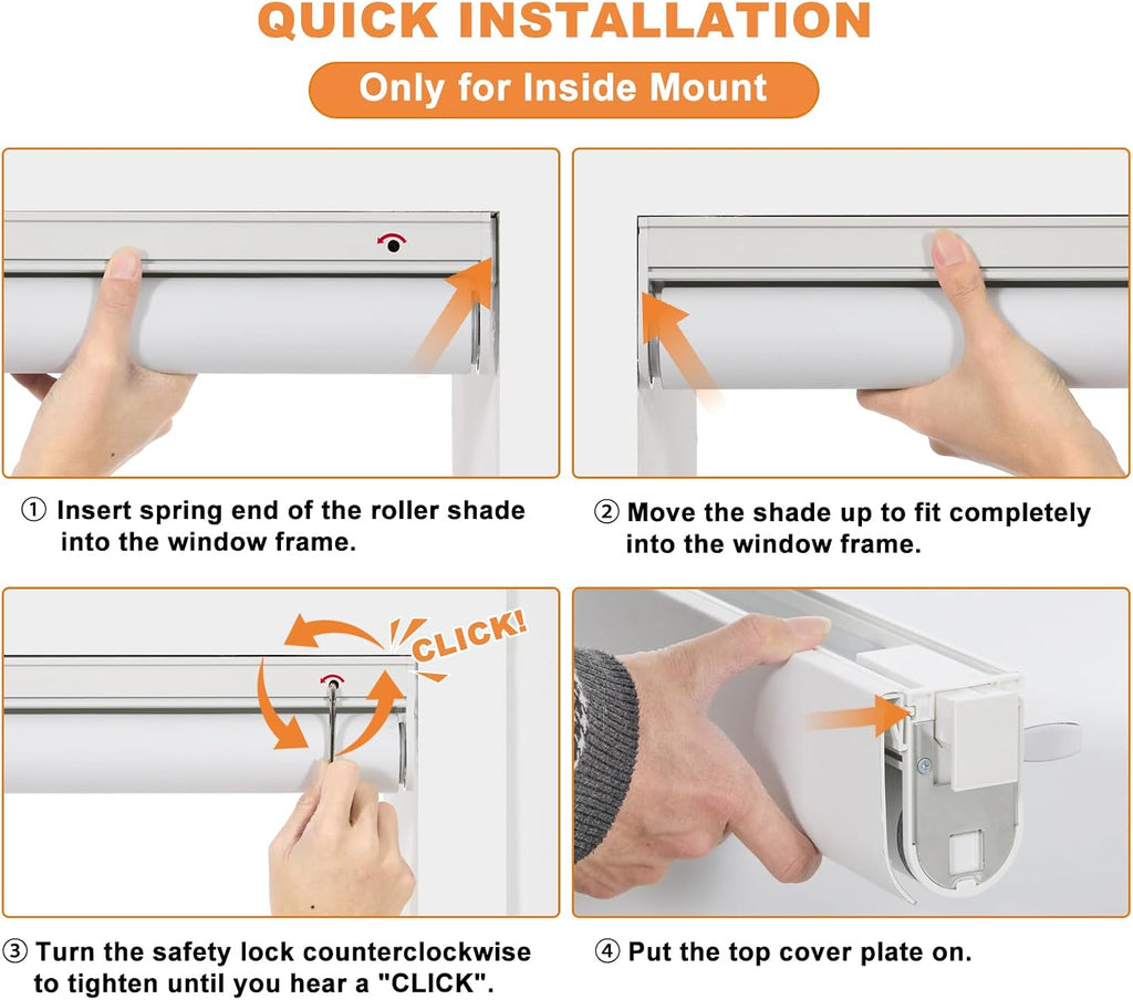 No Drill No Tools 100% Blackout Roller Shades for Indoor windows, Free-Stop Cordless Roller Blinds, UV Protection