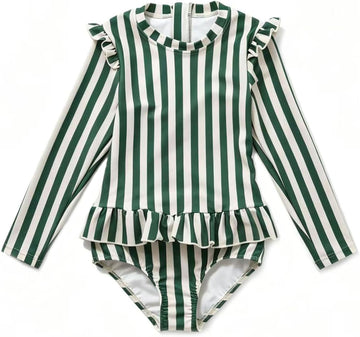Girls One Piece Swimsuits Zipper Rash Guard Long Sleeve Bathing Suit with Ruffle Hem UPF50+
