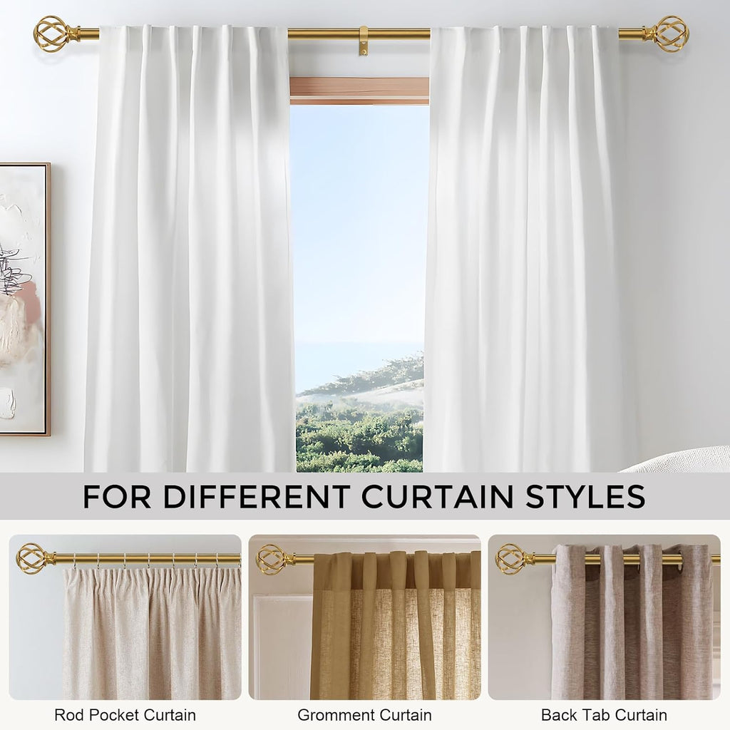 Gold Curtain Rod 36-72 Inch, Brushed Brass Decorative Curtain Rods for Windows with Twisted Cage Finials, 3/4"