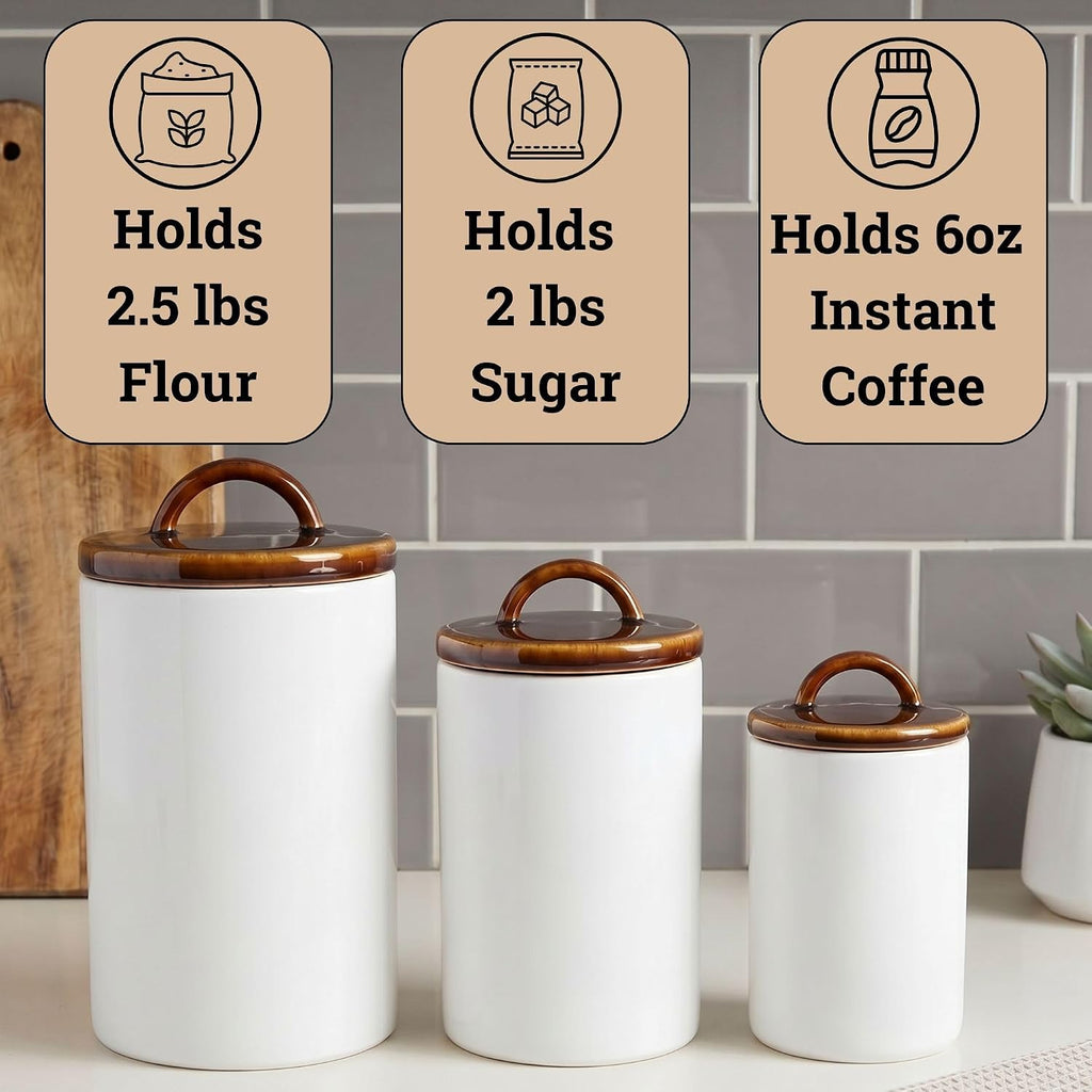 Ceramic Kitchen Canisters for Countertop w/ Airtight Ceramic Lids - Set of 3