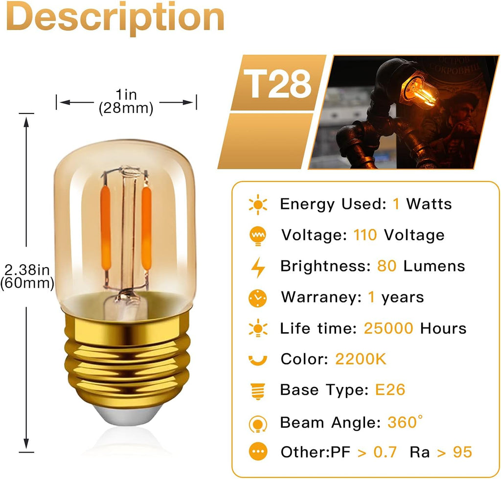 E26 LED Amber Night Light Bulbs 1W, T28 Mini Edison Tube Lamp 2200K Warm, 10W Incandescnet Equivalent,Non-Dimmable