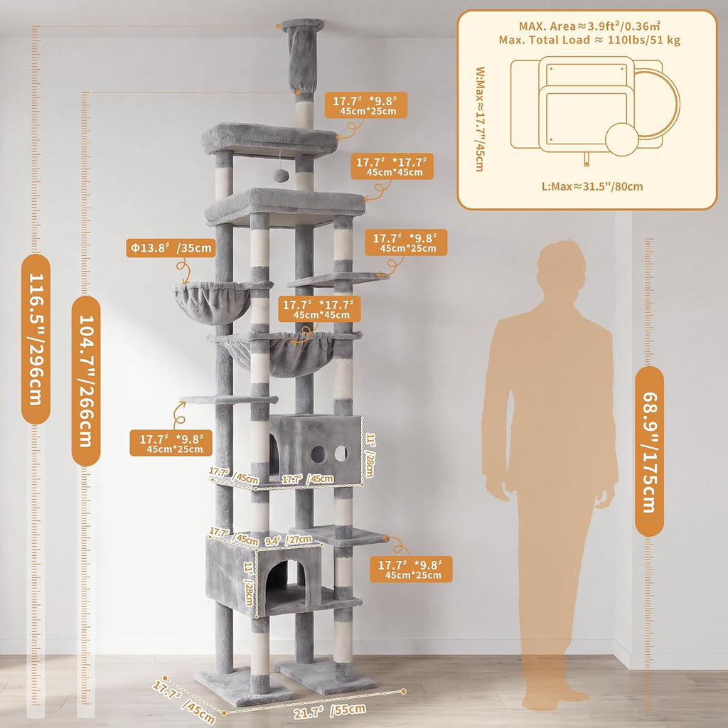 Floor to Ceiling Cat Tree, 104.7"-116.5" Height-Adjustable