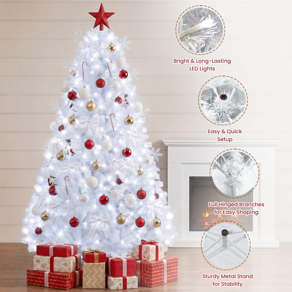 6ft White Prelit Christmas Tree with 300 LED White Lights, 726 Dense Branch Tips, Versatile Holiday Tree for