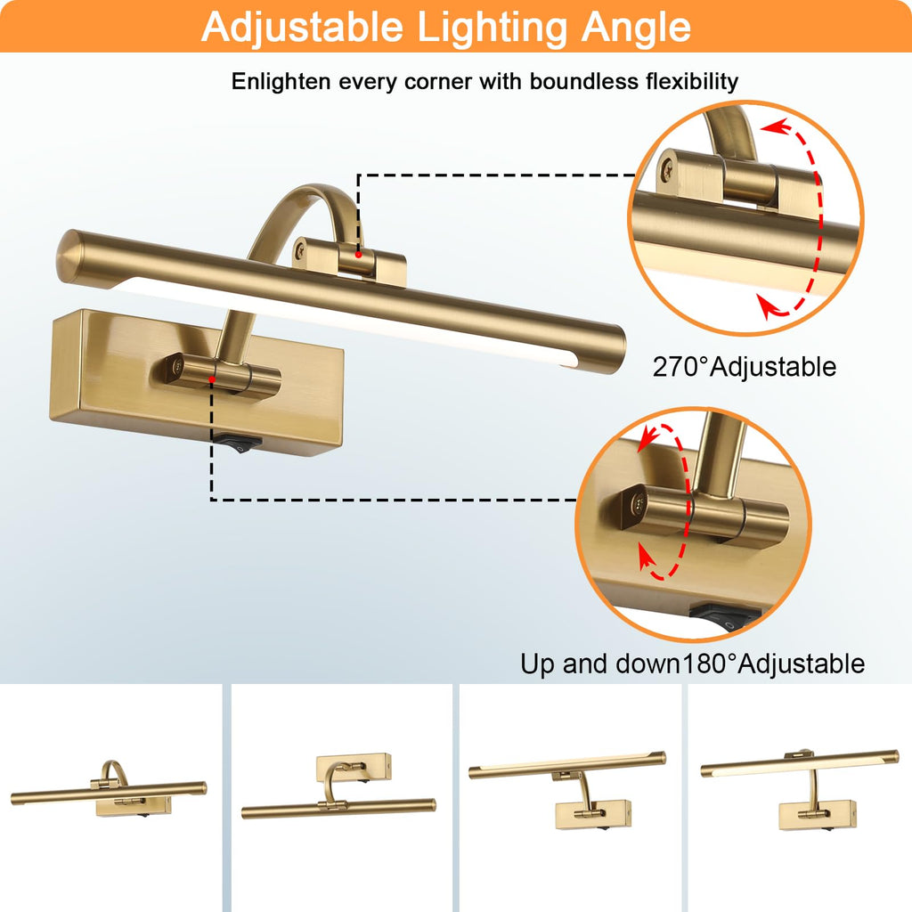 Rechargeable Picture Light with Remote Control,12 Inch Brass Finish Adjustable Wireless Art Lighting Fixture,Painting