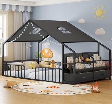 Montessori Floor Bed, Safety Guardrails, Reading Nook, Black