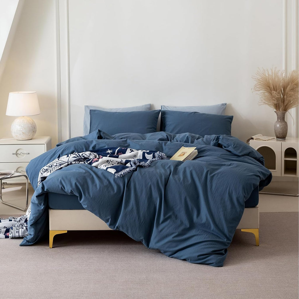 3 Pieces Gray Blue Duvet Cover Set Queen 90'' L 90'' W, 100% Washed Cotton Duvet Cover with Zipper Closure Plus 2