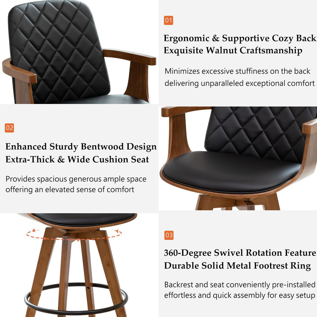 Set of 2 Bar Height Bar Stools - 29.12 inch Swivel Bar Stools with Curved Back and Arms, Walnut Craftsmanship