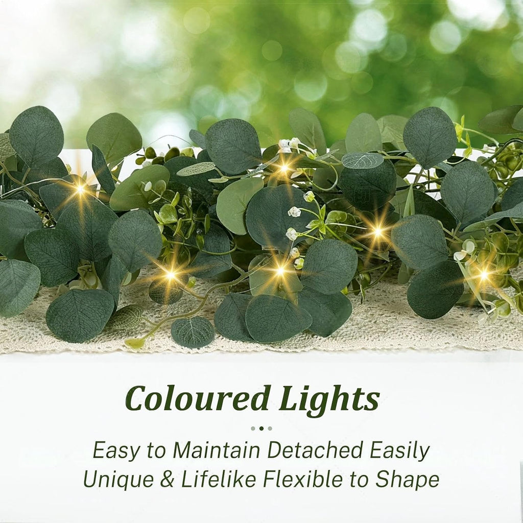 Eucalyptus Garland with Lights, 2 Packs 6FT Green Flower Garland Decor, Artificial Faux Eucalyptus Leaves Greenery - Set of 2