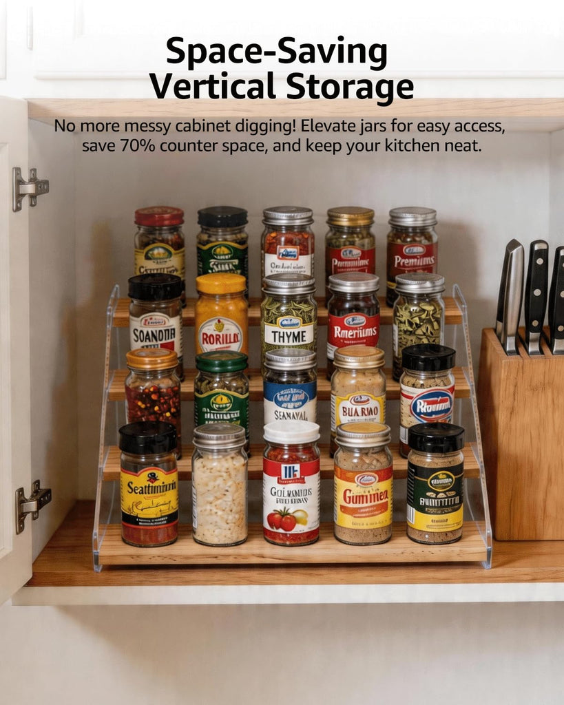 Tiered Spice Rack Organizer for Countertop & Cabinet, 4-Tier 12 Seasoning Storage Shelf, Space Saving Standing Spice