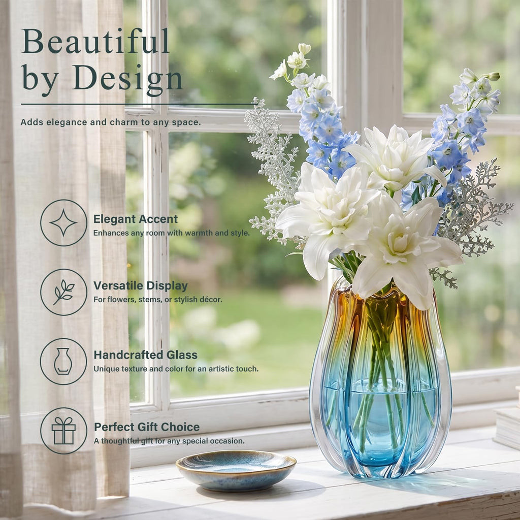Hand Blown Glass Vase for Flowers, 9.45" Unique Murano Style Art Glass Vase, Fluted Teal Amber Ombre Decorative Vases