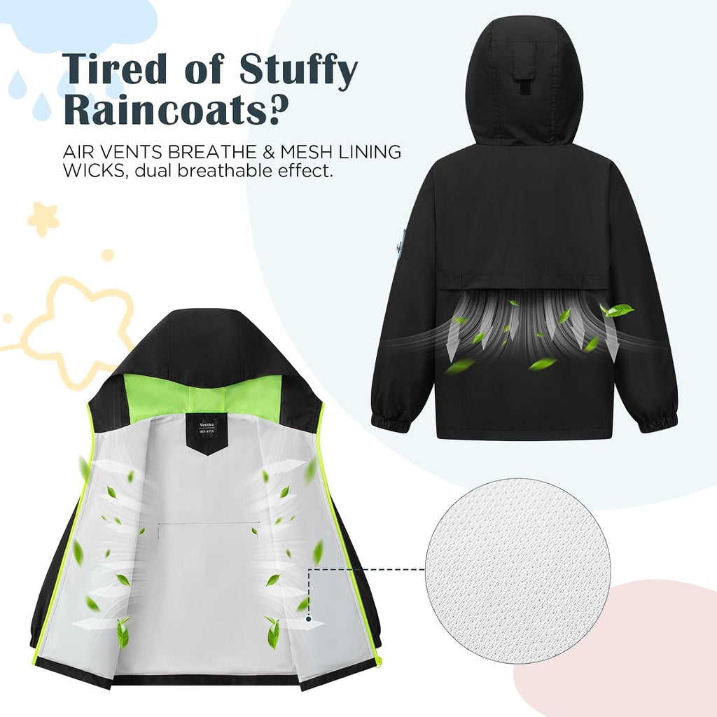 Rain Jacket with Air Vents Mesh Lined, Hooded Raincoats with Extended Brim for Boys Girls