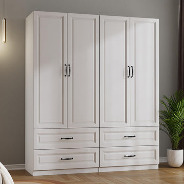 White Wardrobe Closet with 4 Drawers and 4 Doors, 75" H x 63" W