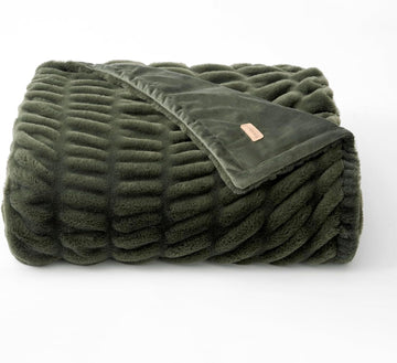 Ruched Bubble Faux Rabbit Fur Throw Blanket, 60"x80", Loden Green | Luxurious Soft Plush Reversible Blanket with