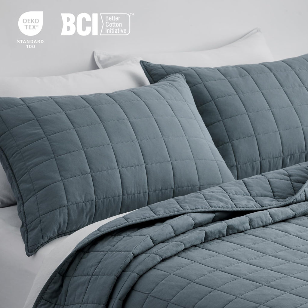 100% Cotton Box Stitch Quilt Set, Midnight Blue