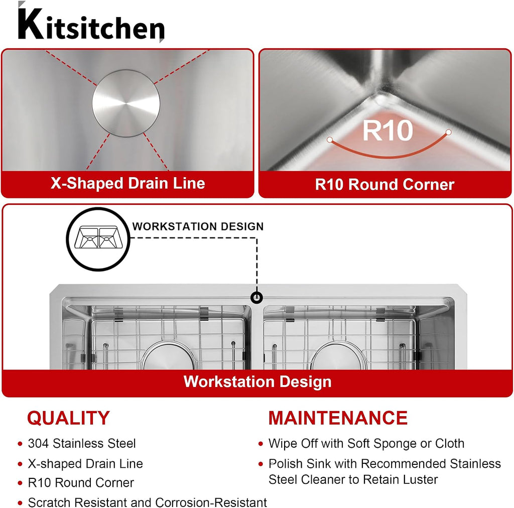 Double Undermount Kitchen Sinks 30 Inch, 16 Gauge T304 Stainless Steel Sink | 30" x 18" x 10" Deep Large Workstation