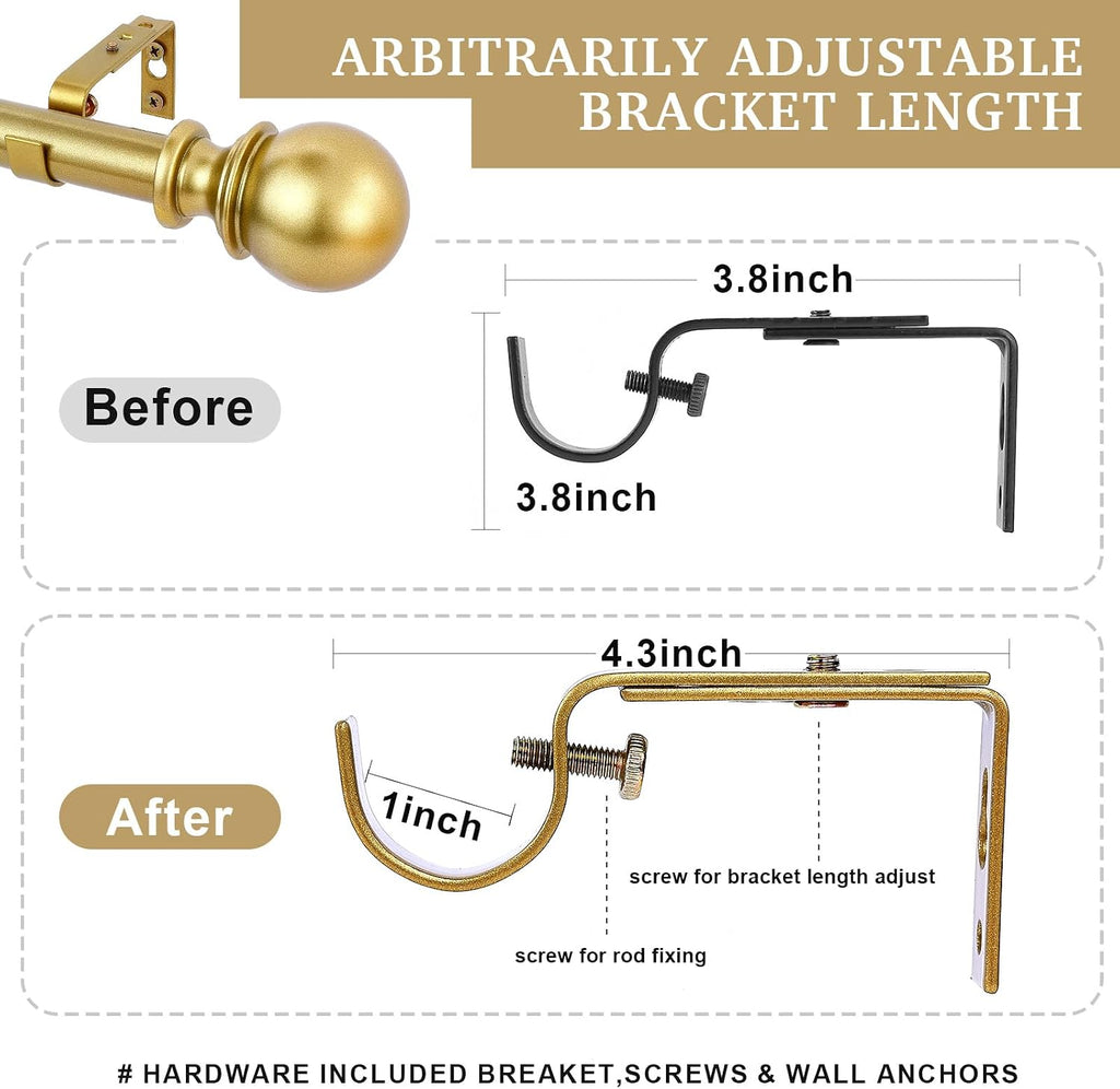 Curtain Rods - 1" Diameter, 32-72" Standard Decorative Window Curtain Rod Set with Brackets - Gold
