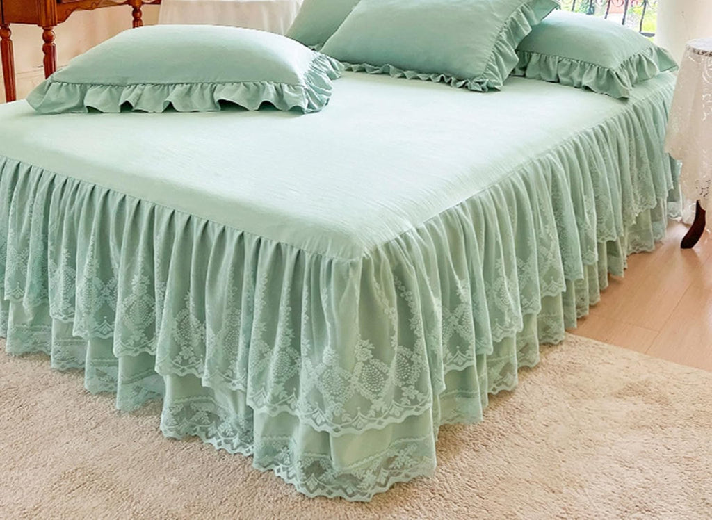 Romantic Summer Ruffled Bed Skirt with Sheet,Dust Ruffle Bedskirt with Two Lace Layers,17.7" Drop