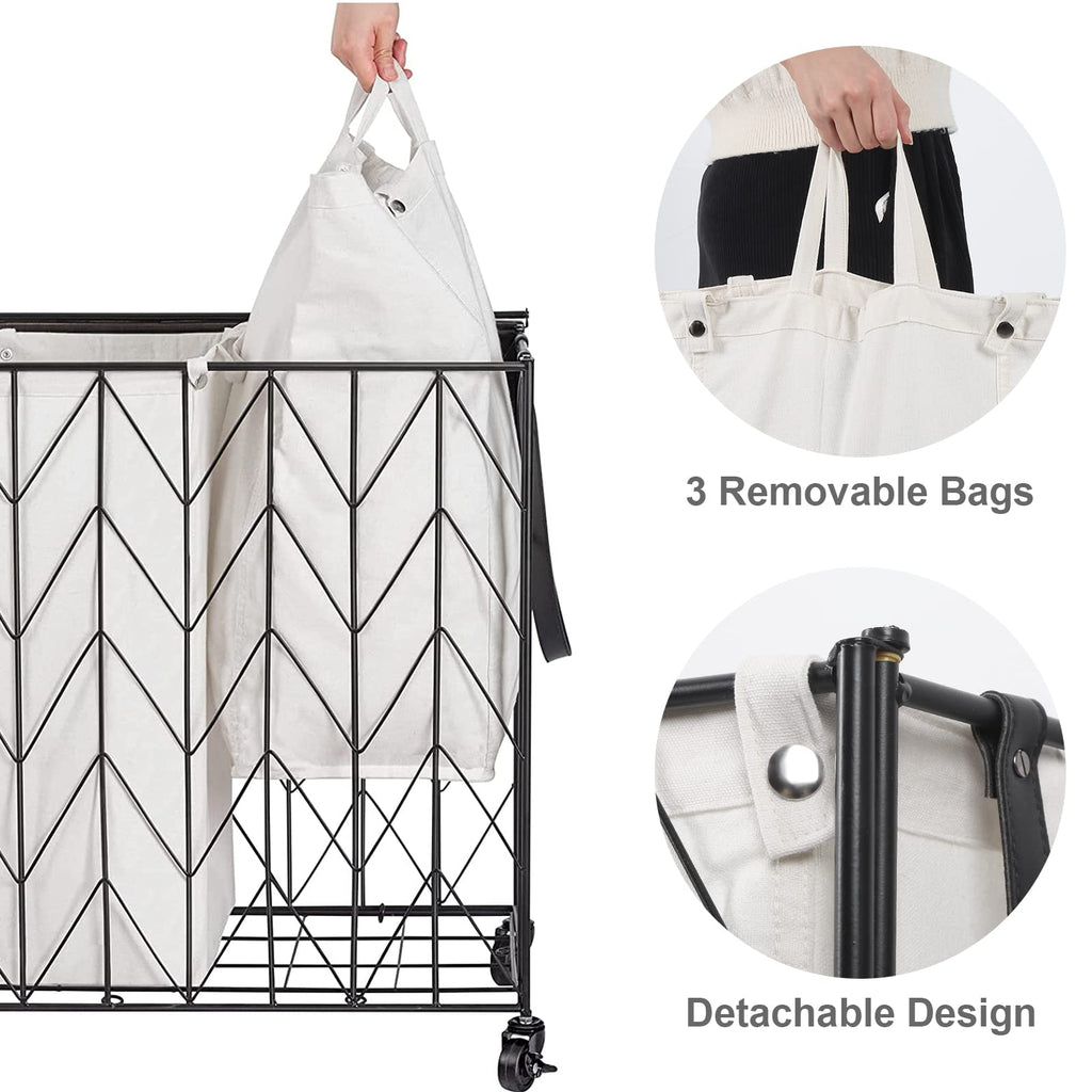 Laundry Hamper 3 Section with Lid, 142L Laundry Basket with Wheels